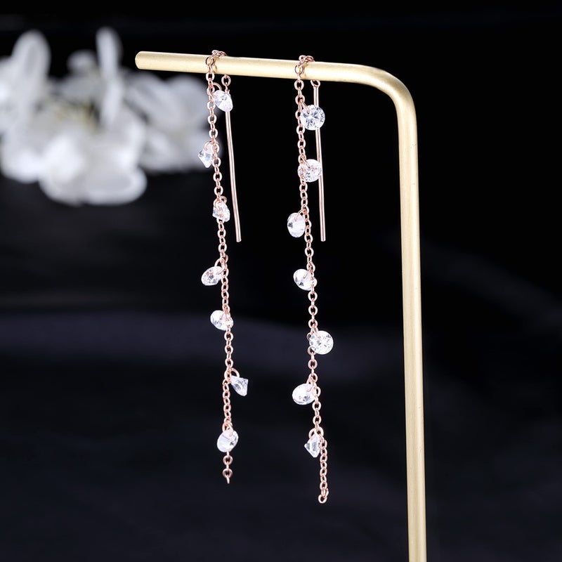 SLUYNZ 925 Sterling Silver Sparkling CZ Droplet Dangle Earrings for Women Elegant Long Dangling Earrings Threader Tassel (B-Rose Gold Plated) - Image 4